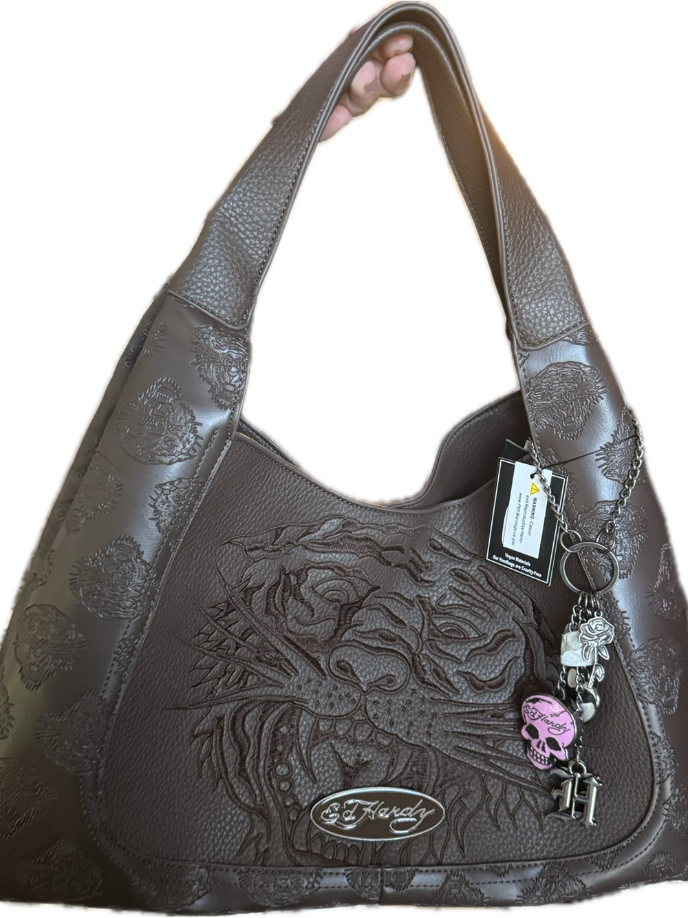 Ed Hardy Dark Brown Embossed Tiger Hobo with Charms